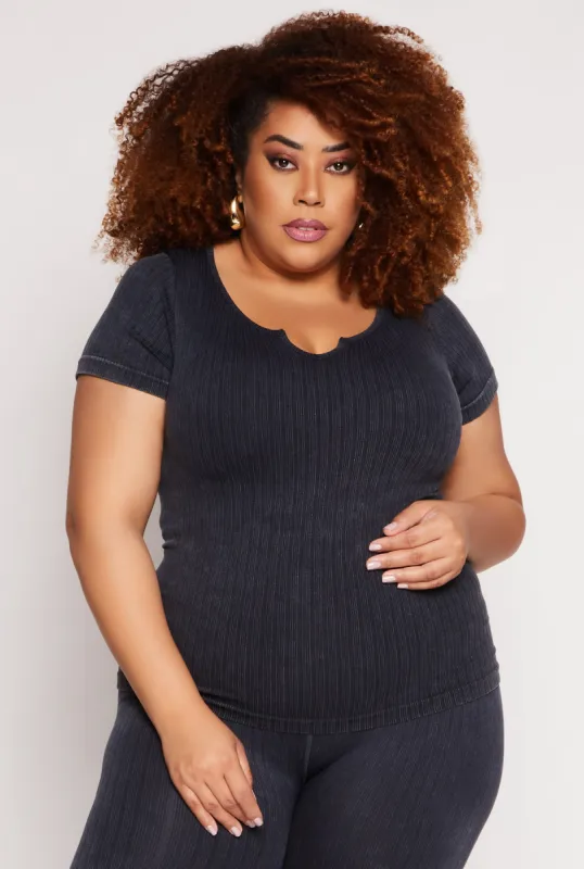 Plus Size Acid Wash Seamless Notch Neck Top sold by Rainbow