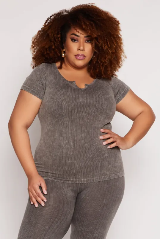 Plus Size Acid Wash Seamless Notch Neck Top sold by Rainbow