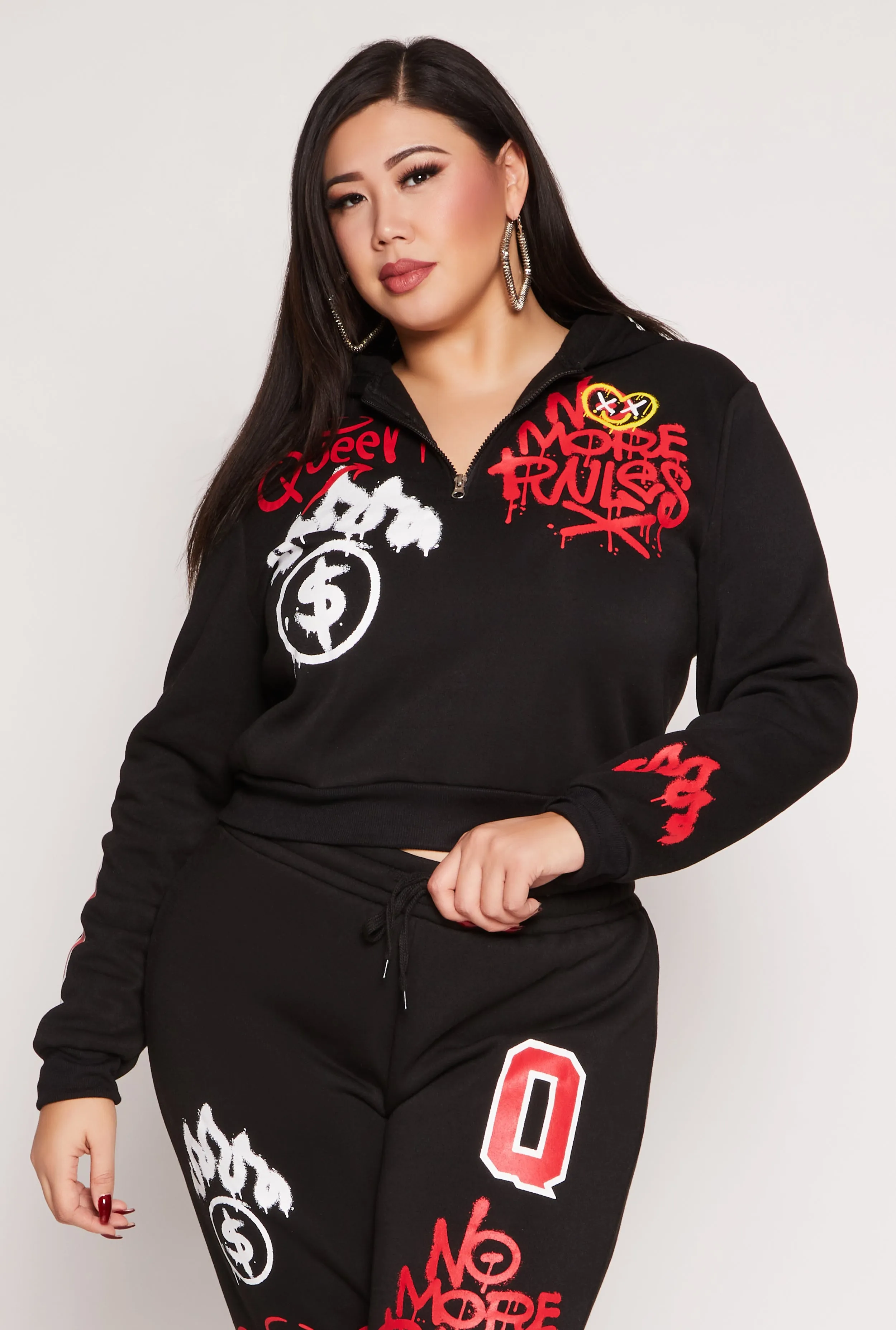 Plus Size Graffiti Print Half Zip Hoodie sold by Rainbow