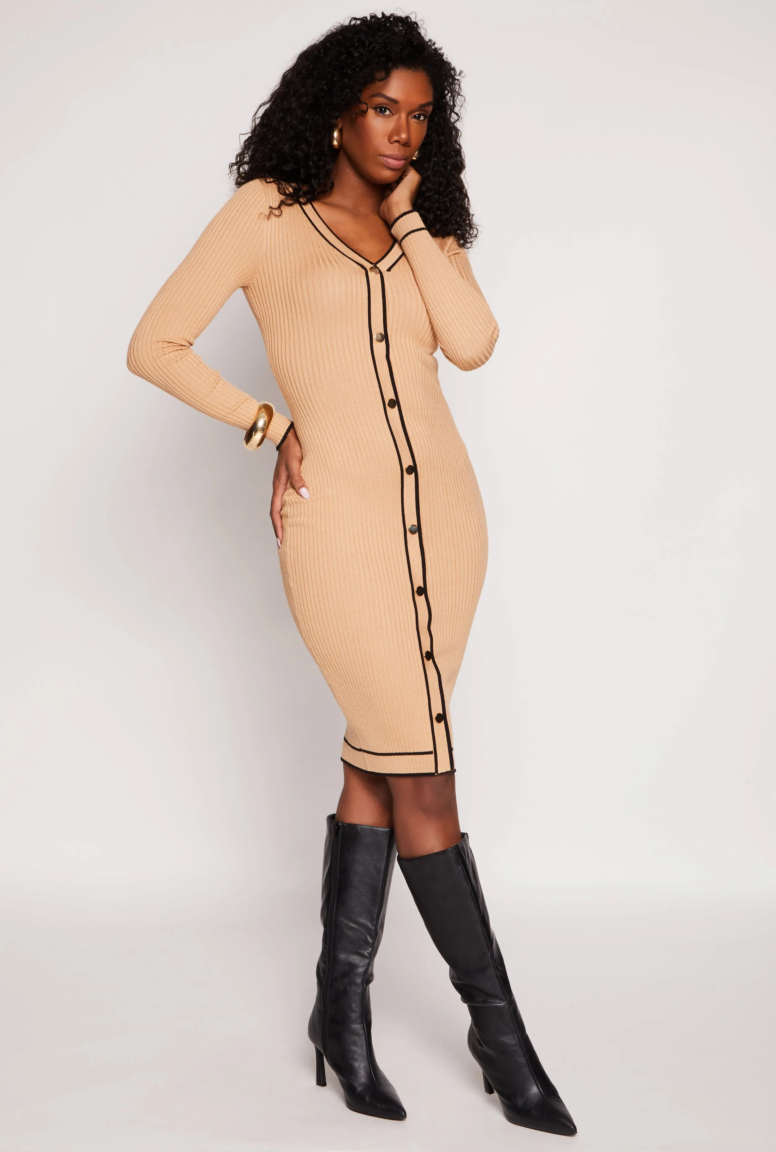 Contrast Trim Button Detail Sweater Dress sold by Rainbow