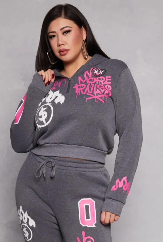 Plus Size Graffiti Print Half Zip Hoodie sold by Rainbow