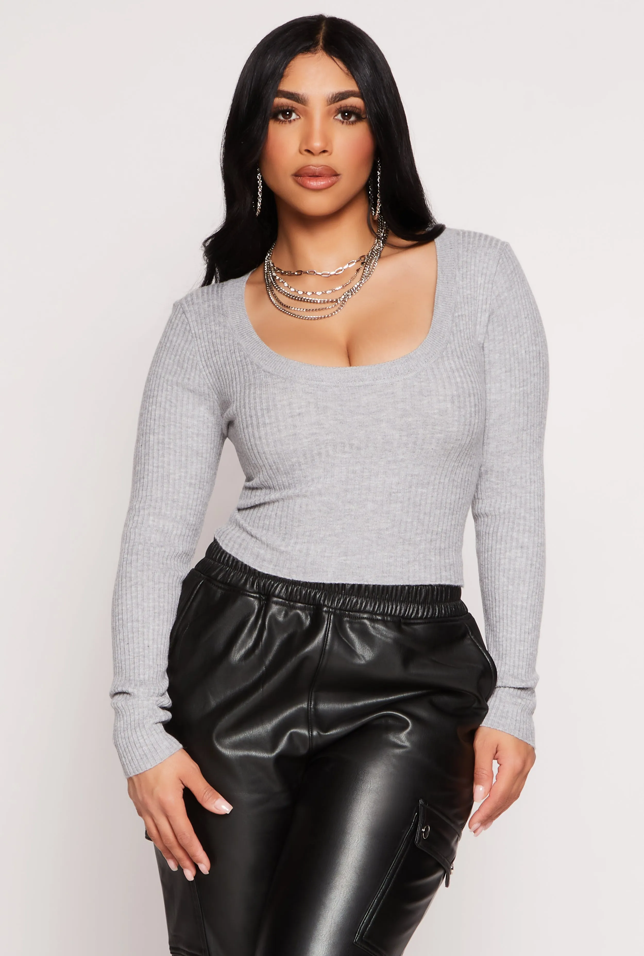 Rib Knit Scoop Neck Long Sleeve Crop Top sold by Rainbow