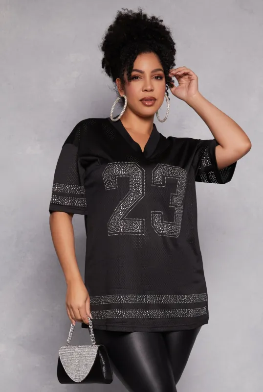 Plus Size 23 Rhinestone Jersey Top sold by Rainbow