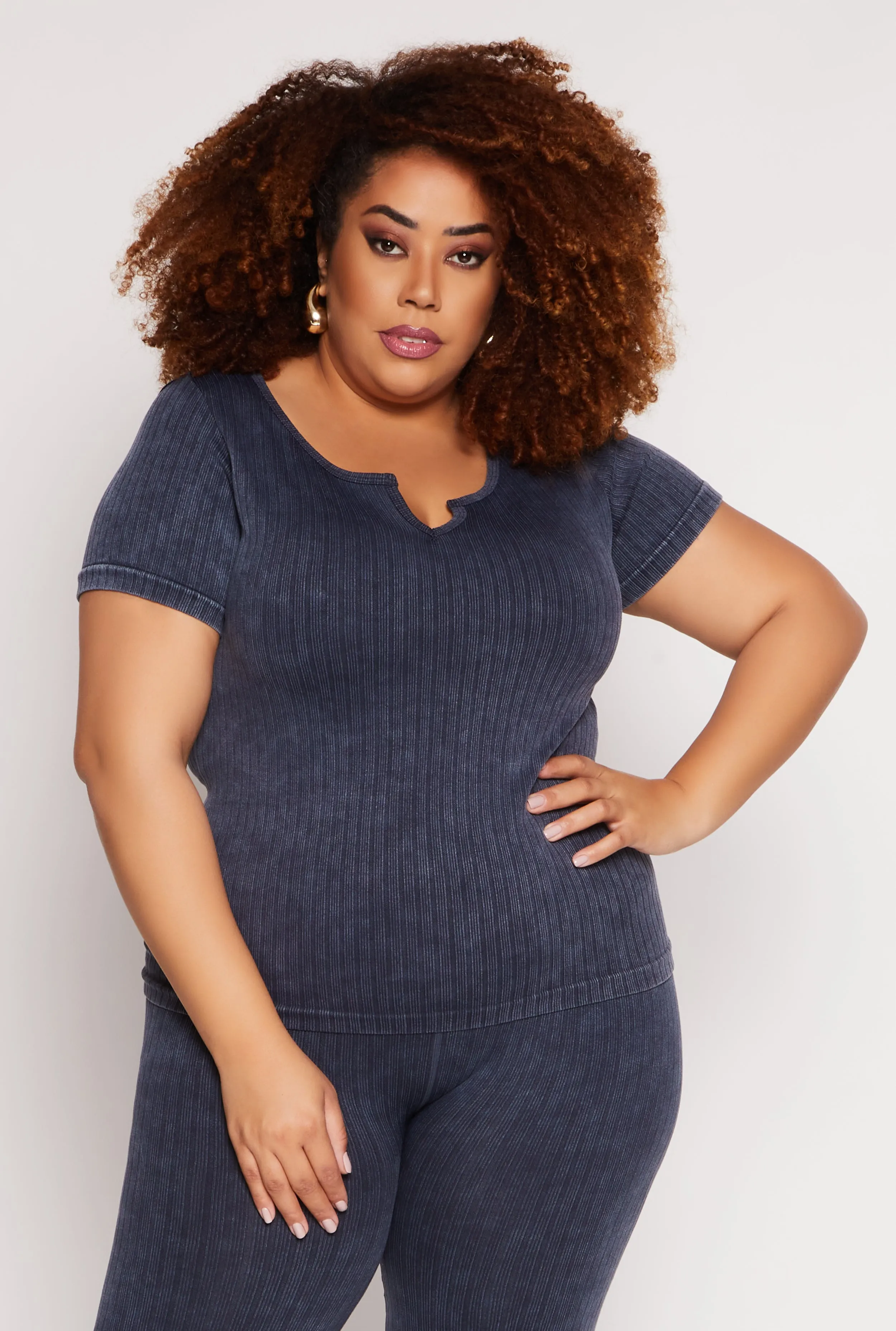 Plus Size Acid Wash Seamless Notch Neck Top sold by Rainbow