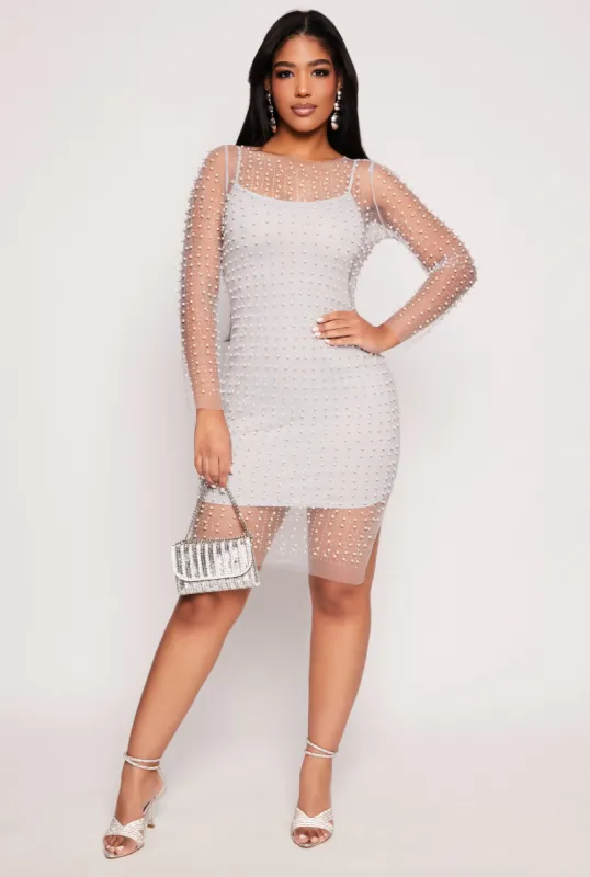 Haute Monde Faux Pearl Rhinestone Mesh Dress sold by Rainbow