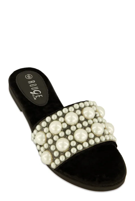 Velvet Faux Pearl Band Slide Sandals sold by Rainbow