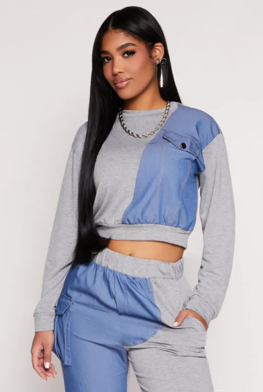 Chambray Color Block Pullover Sweatshirt sold by Rainbow