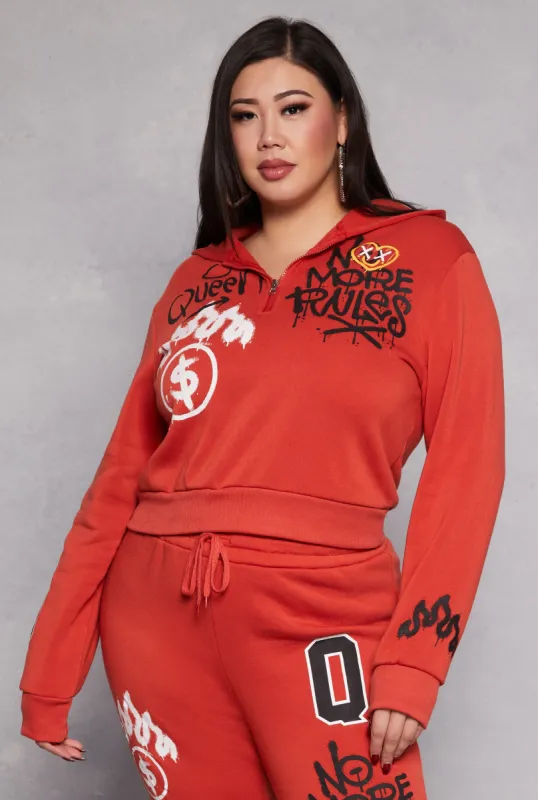 Plus Size Graffiti Print Half Zip Hoodie sold by Rainbow