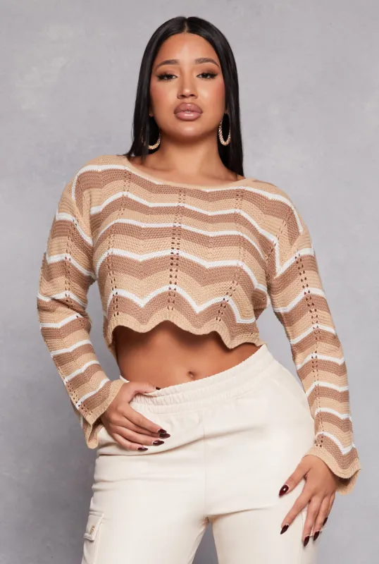 Chevron Pointelle Long Sleeve Crop Top sold by Rainbow