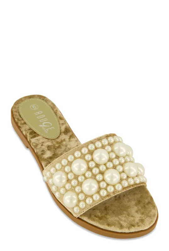 Velvet Faux Pearl Band Slide Sandals sold by Rainbow