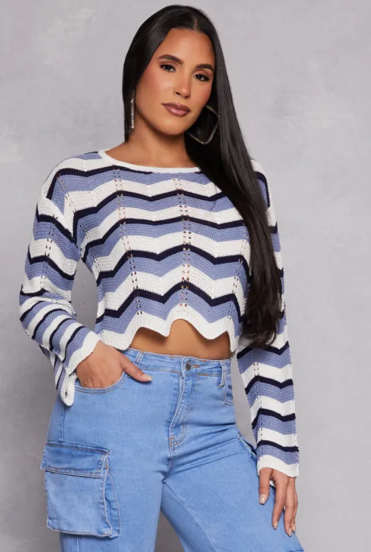 Chevron Pointelle Long Sleeve Crop Top sold by Rainbow