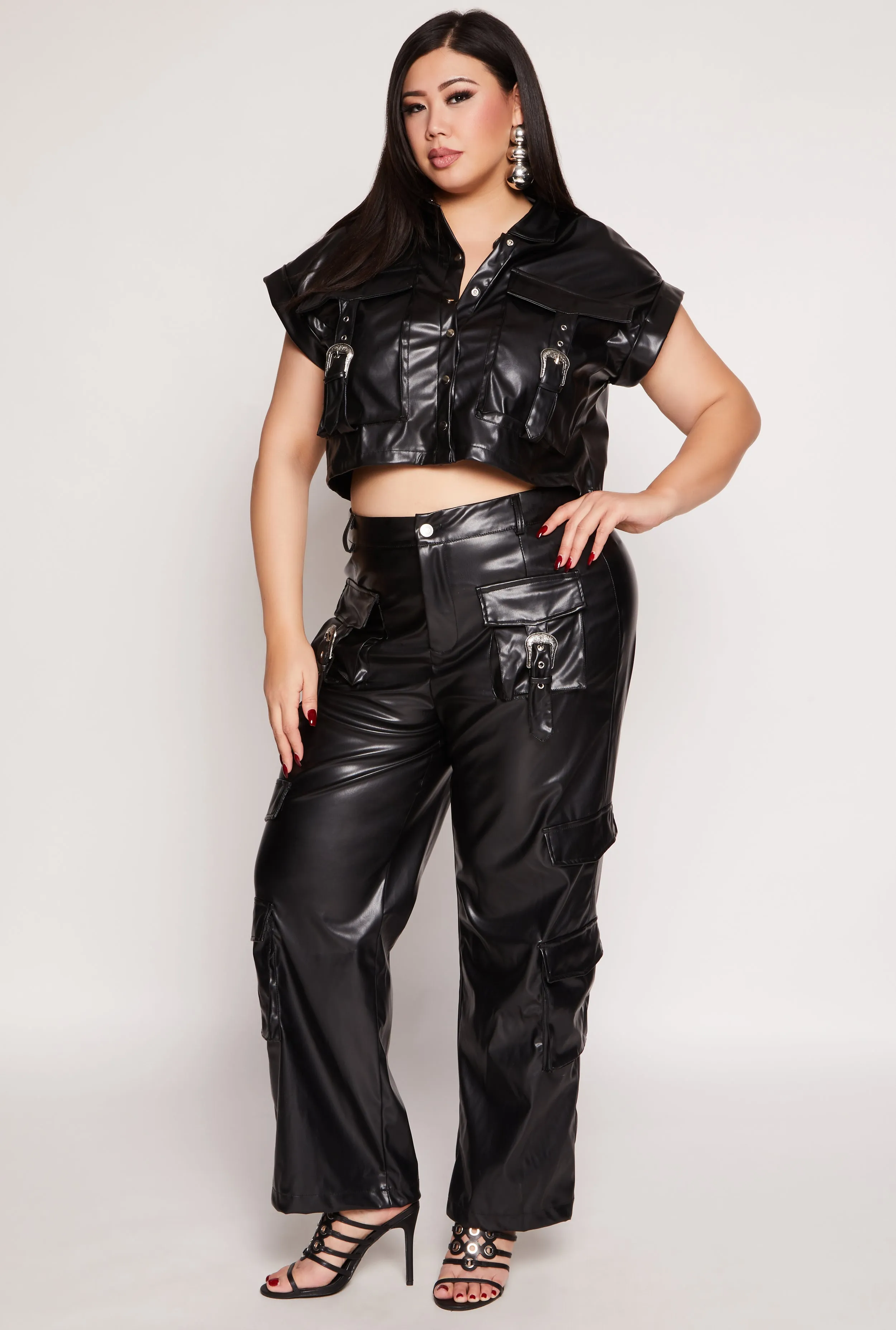 Plus Size Faux Leather Western Buckle Cargo Pants sold by Rainbow