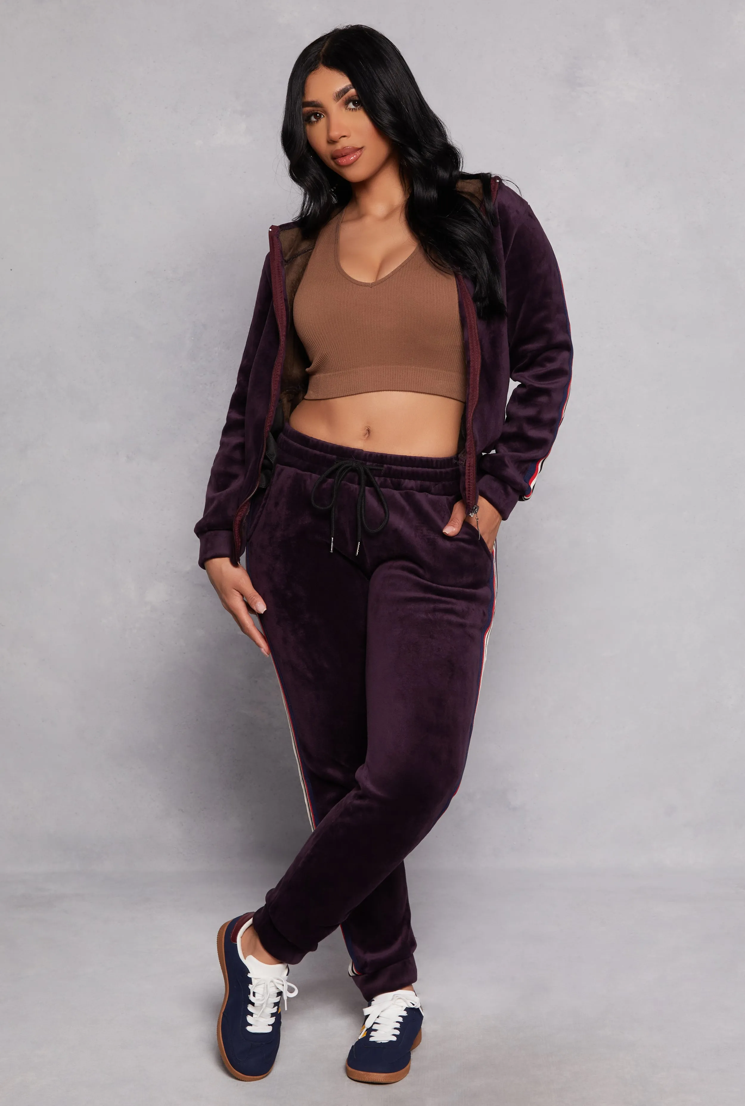 Varsity Stripe Zip Front Velour Hoodie sold by Rainbow product image thumbnail 2