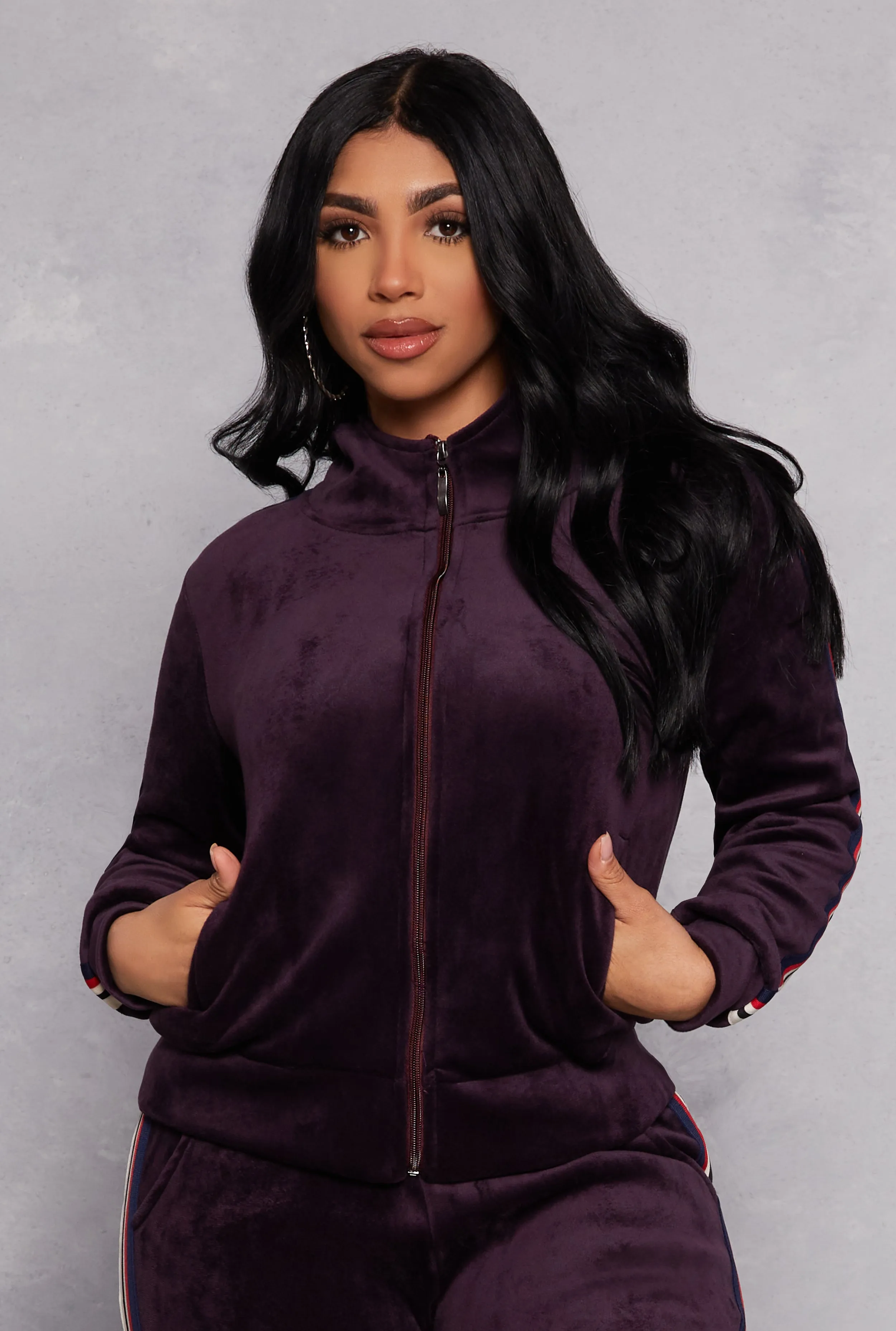 Varsity Stripe Zip Front Velour Hoodie sold by Rainbow