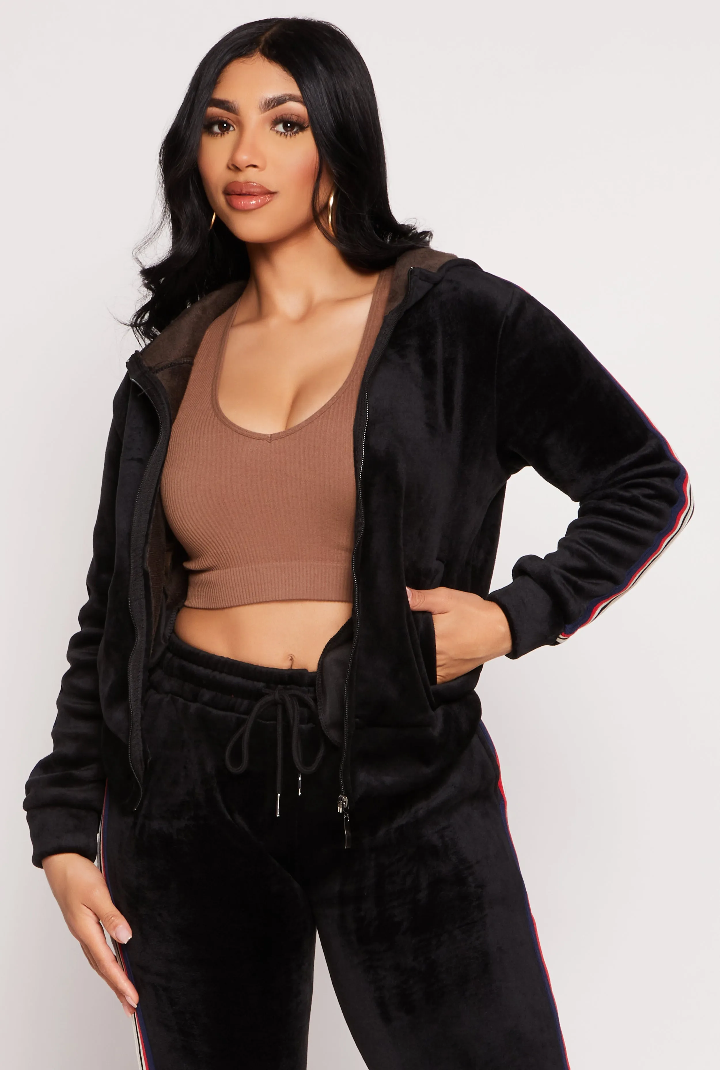 Varsity Stripe Zip Front Velour Hoodie sold by Rainbow