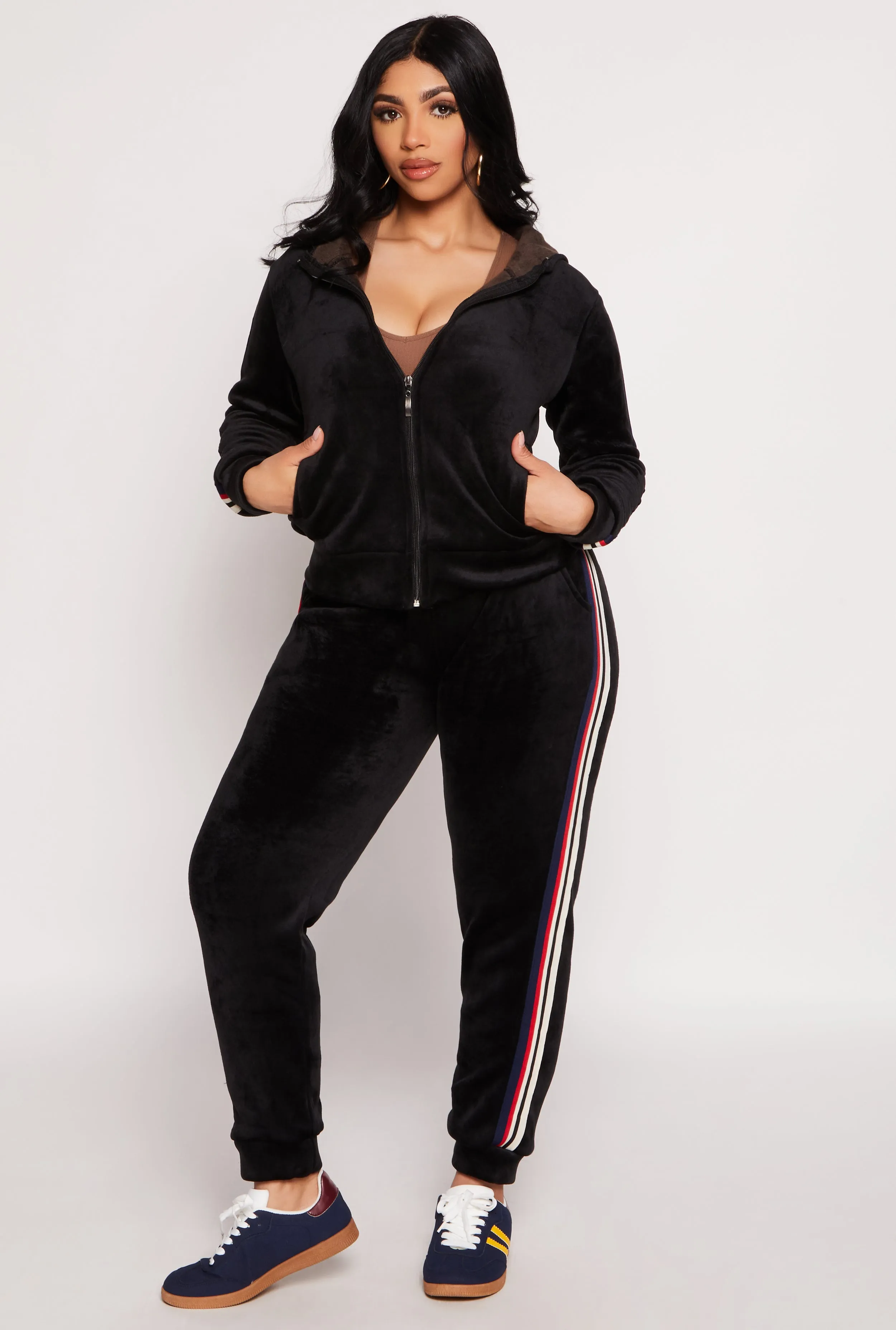 Varsity Stripe Zip Front Velour Hoodie sold by Rainbow product image thumbnail 2