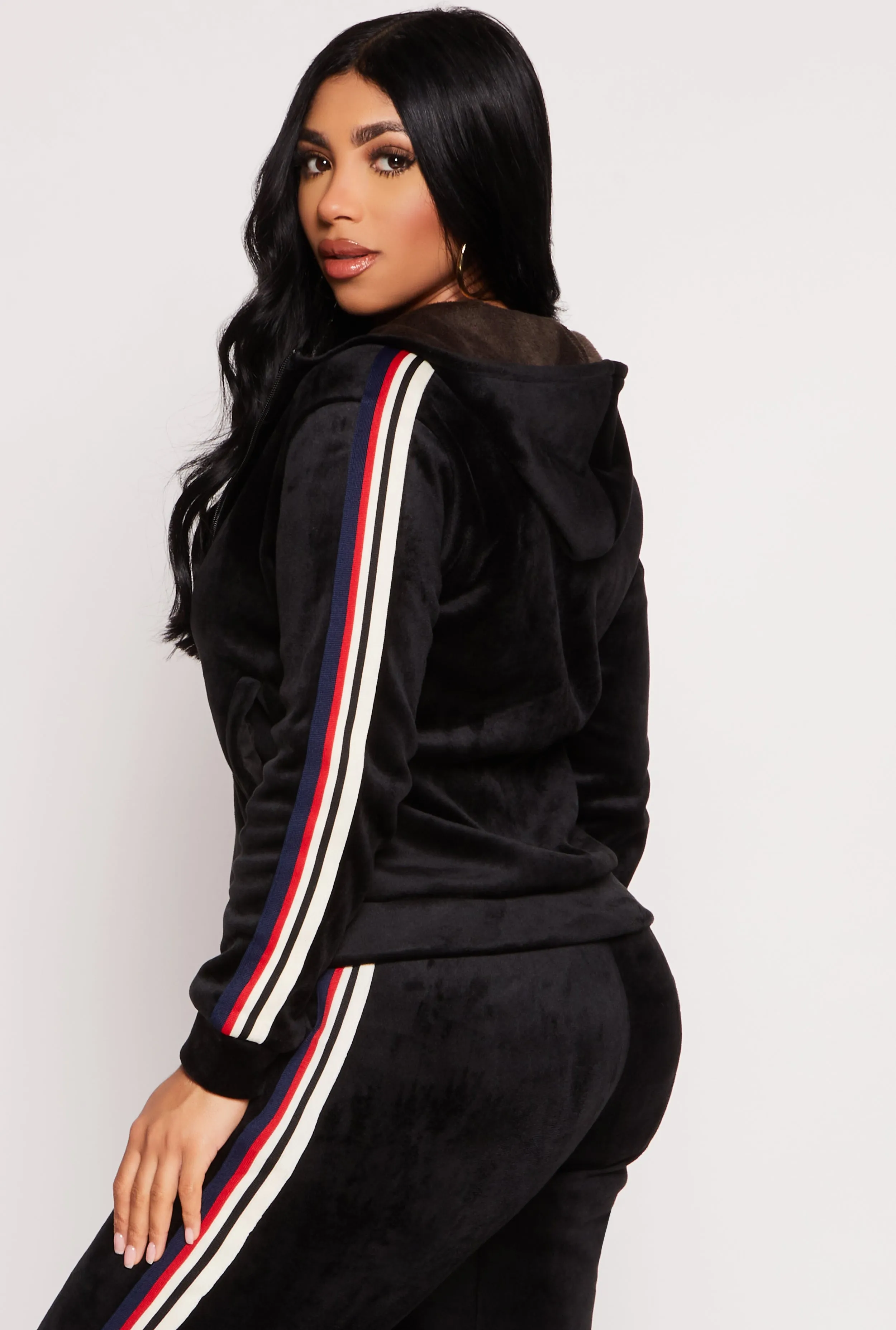 Varsity Stripe Zip Front Velour Hoodie sold by Rainbow product image thumbnail 3