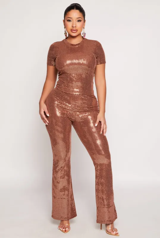 Foiled Lurex High Waisted Flared Leg Pants sold by Rainbow