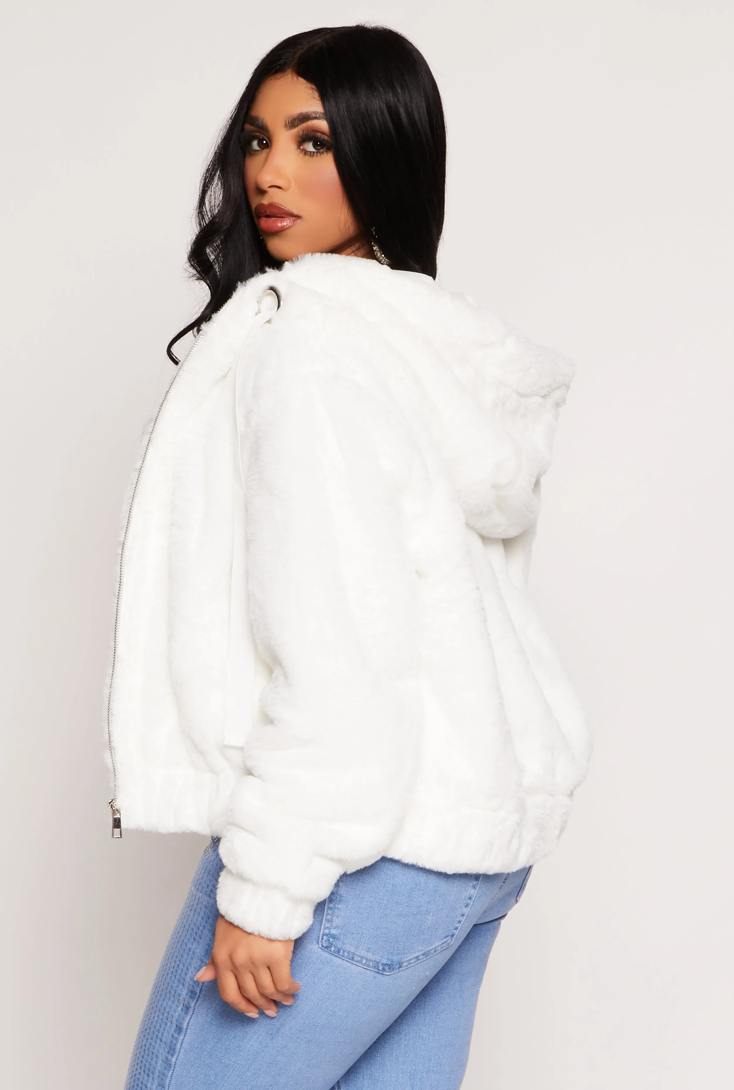 Faux Fur Zip Front Hooded Jacket sold by Rainbow product image thumbnail 3