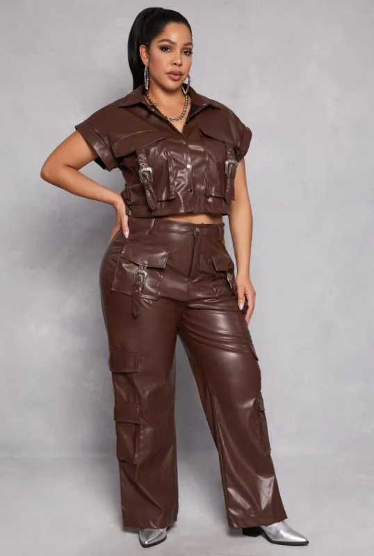 Plus Size Faux Leather Western Buckle Cargo Pants sold by Rainbow