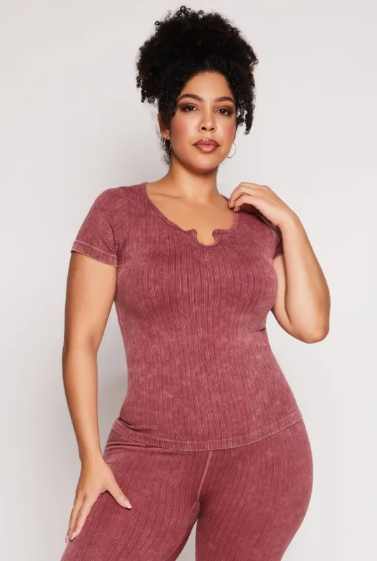 Plus Size Acid Wash Seamless Notch Neck Top sold by Rainbow