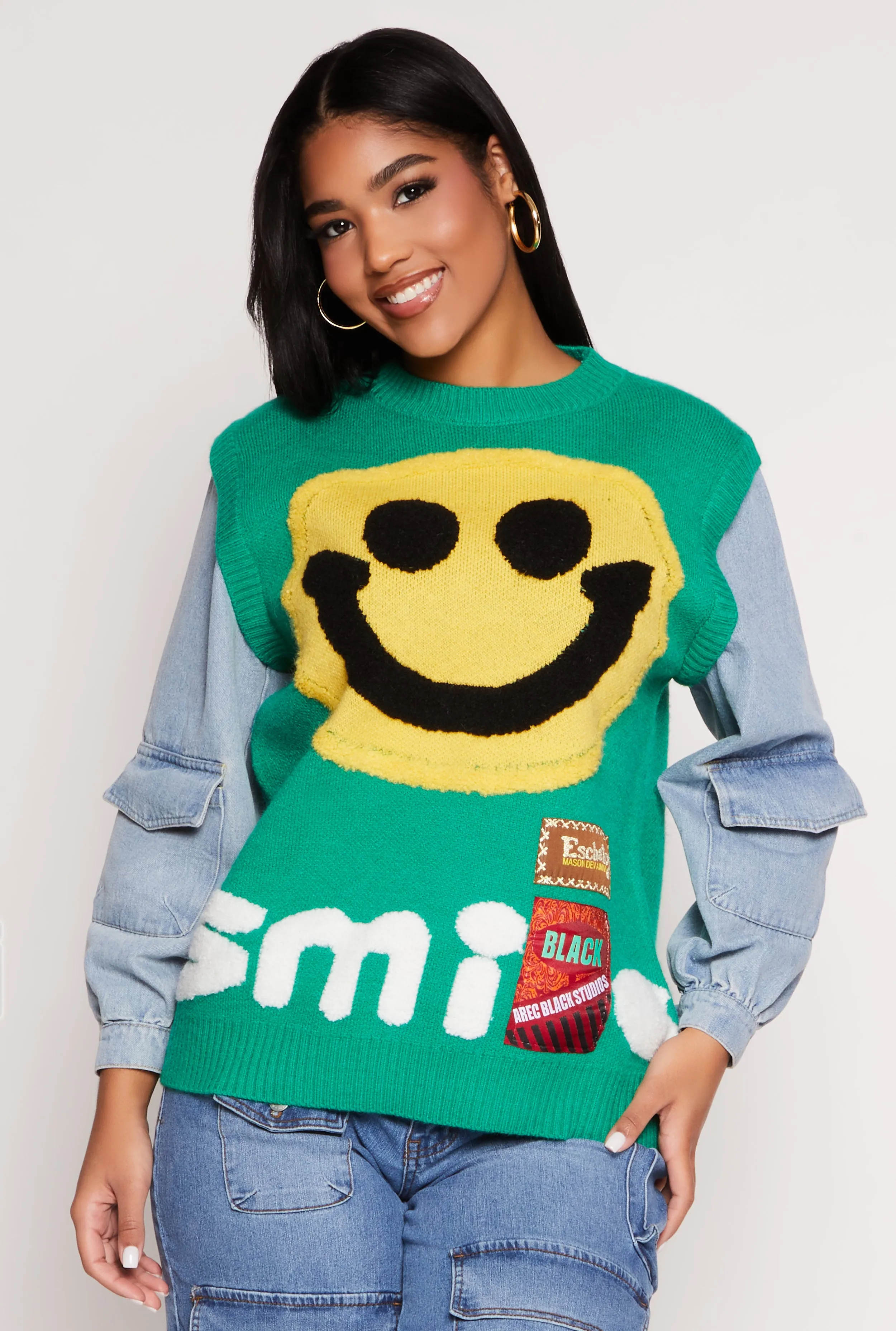 Daisy Chenille Smiley Graphic Sweater sold by Rainbow