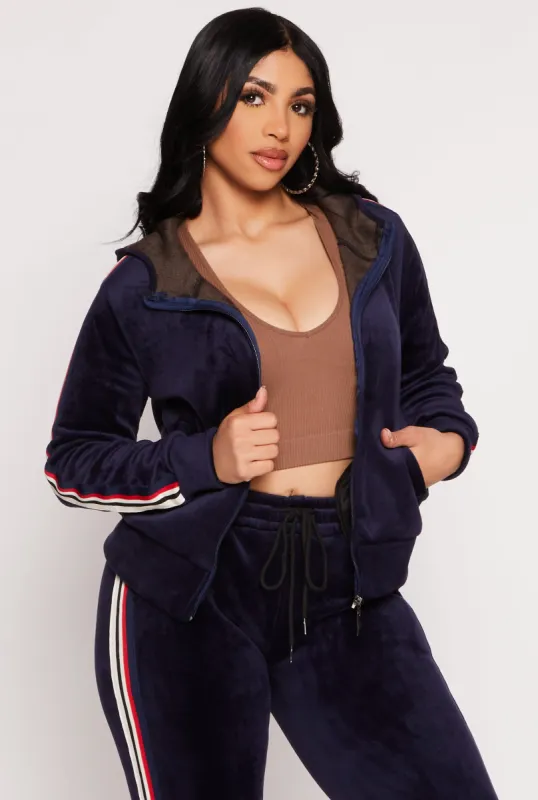 Varsity Stripe Zip Front Velour Hoodie sold by Rainbow
