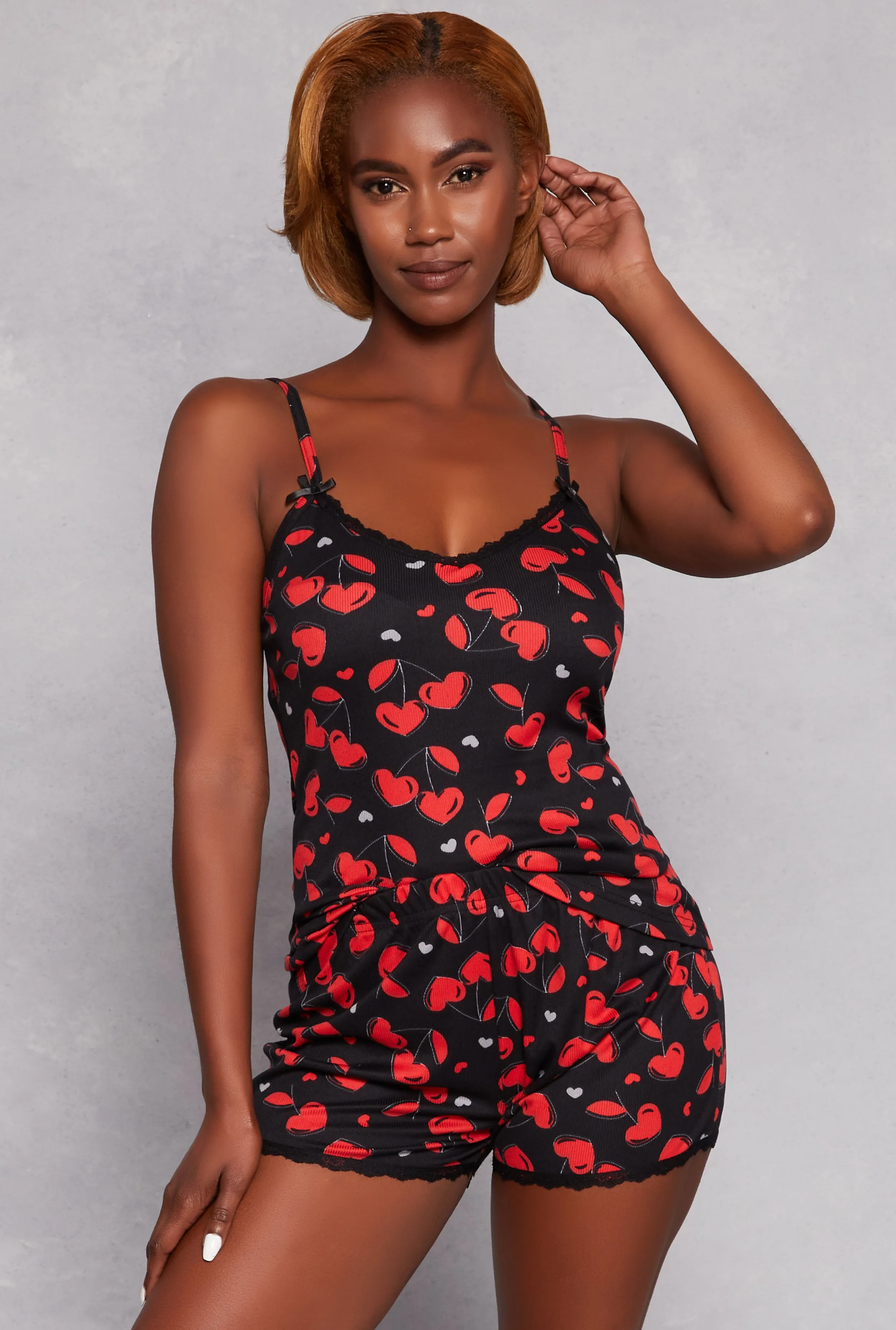Ribbed Knit Cherry Heart Pajama Cami and Shorts sold by Rainbow