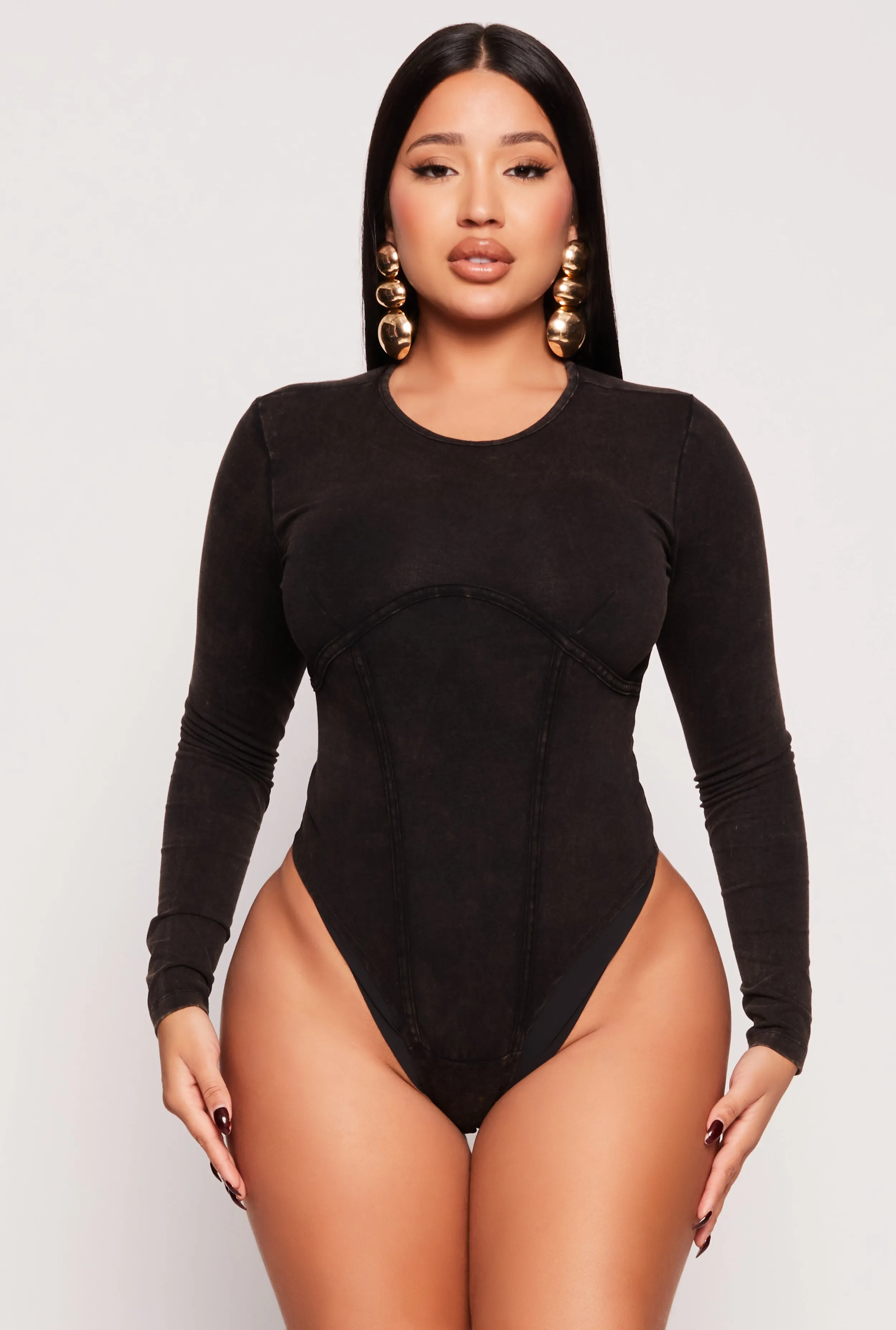 Acid Wash Long Sleeve Bodysuit sold by Rainbow