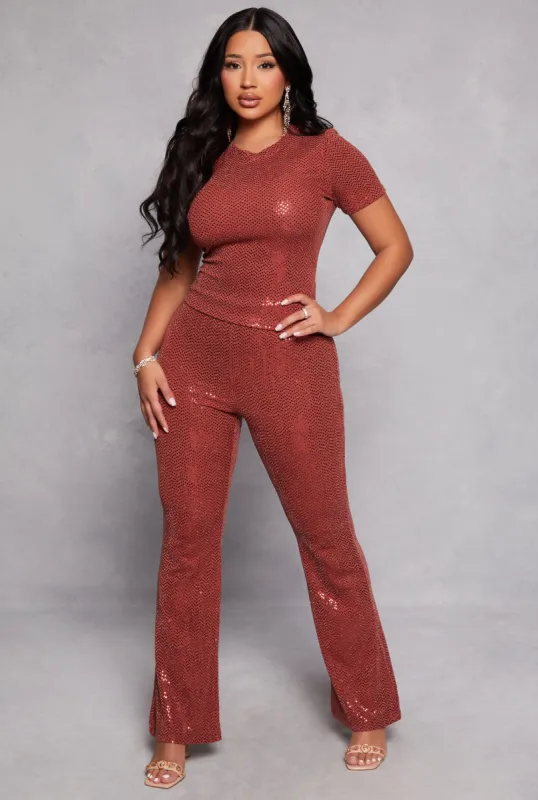 Foiled Lurex High Waisted Flared Leg Pants sold by Rainbow