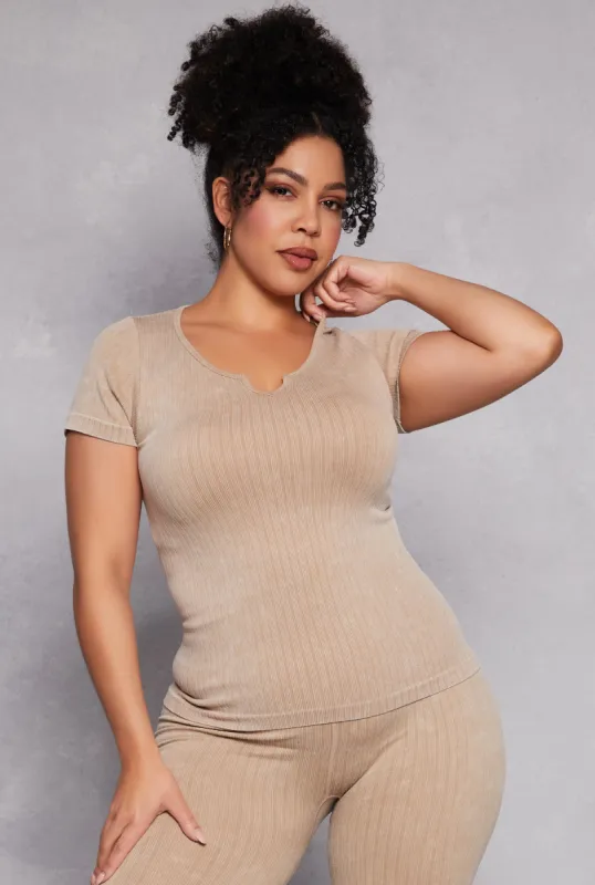 Plus Size Acid Wash Seamless Notch Neck Top sold by Rainbow