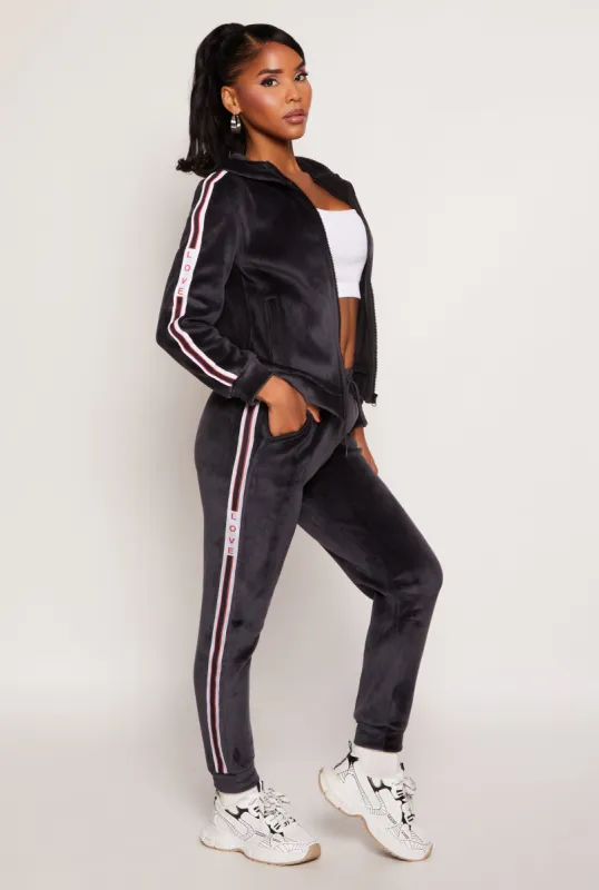 Love Varsity Striped Velour Joggers sold by Rainbow