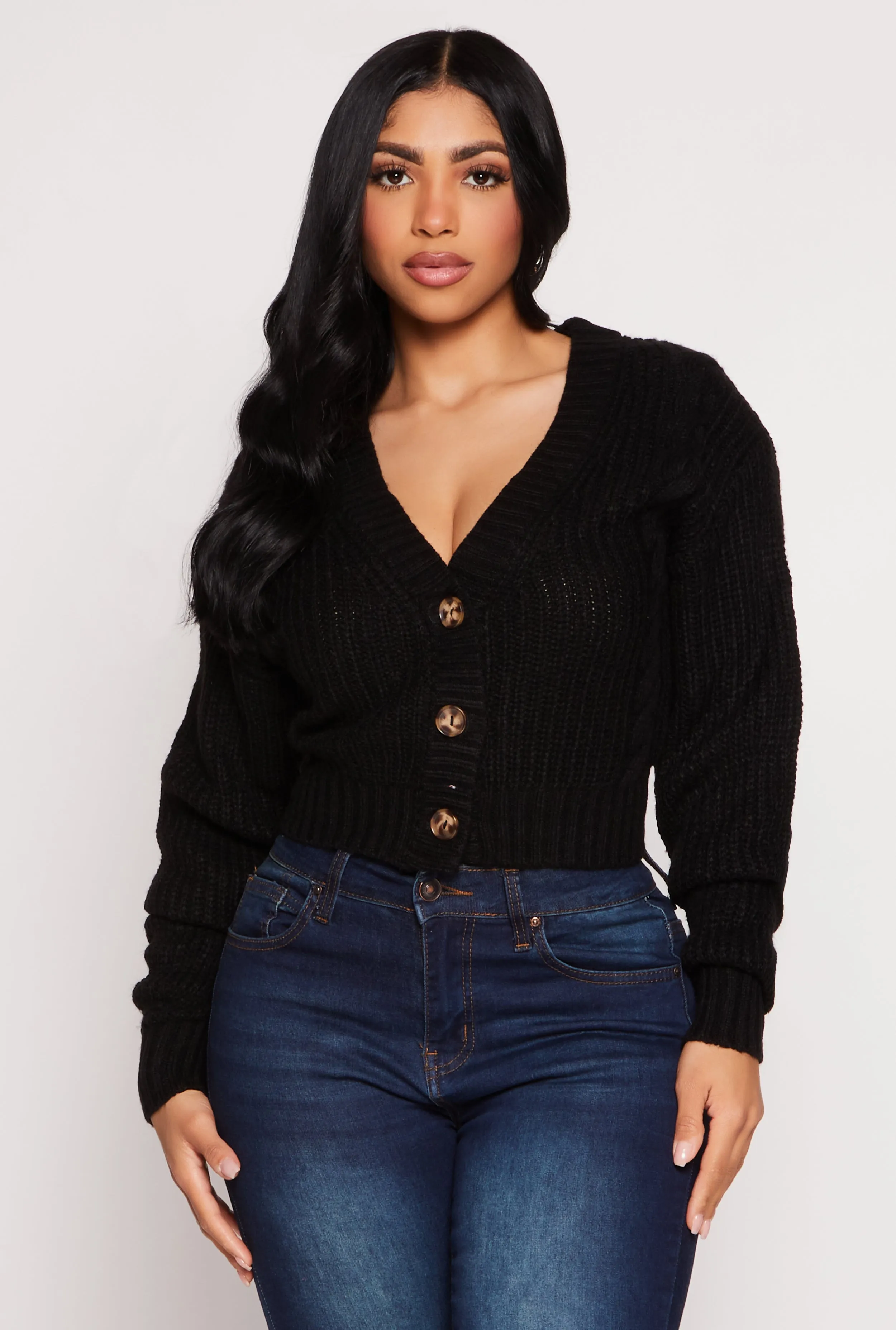 Cable Knit V Neck Cropped Cardigan sold by Rainbow