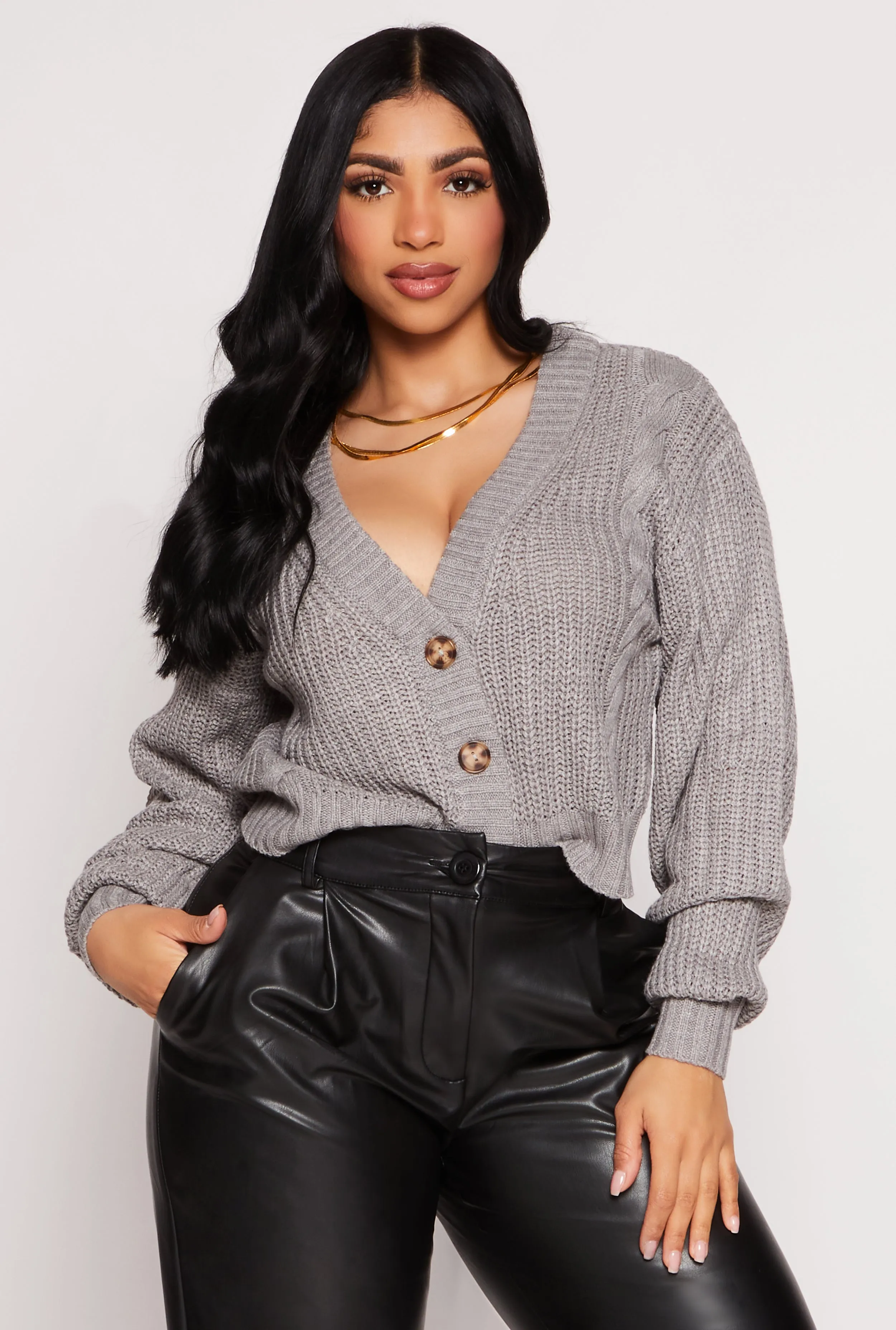 Cable Knit V Neck Cropped Cardigan sold by Rainbow