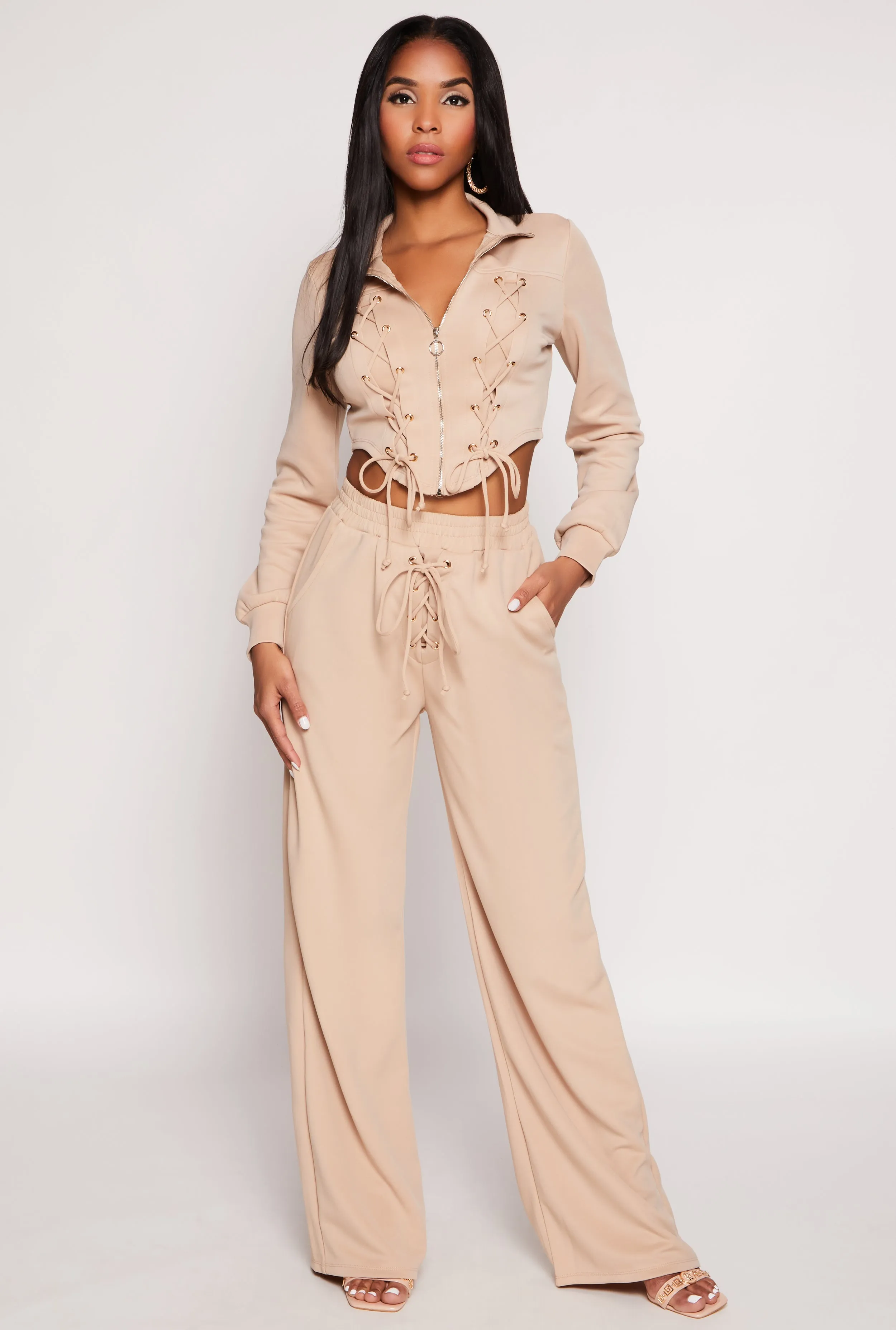 Lace Up Detail Wide Leg Pants sold by Rainbow