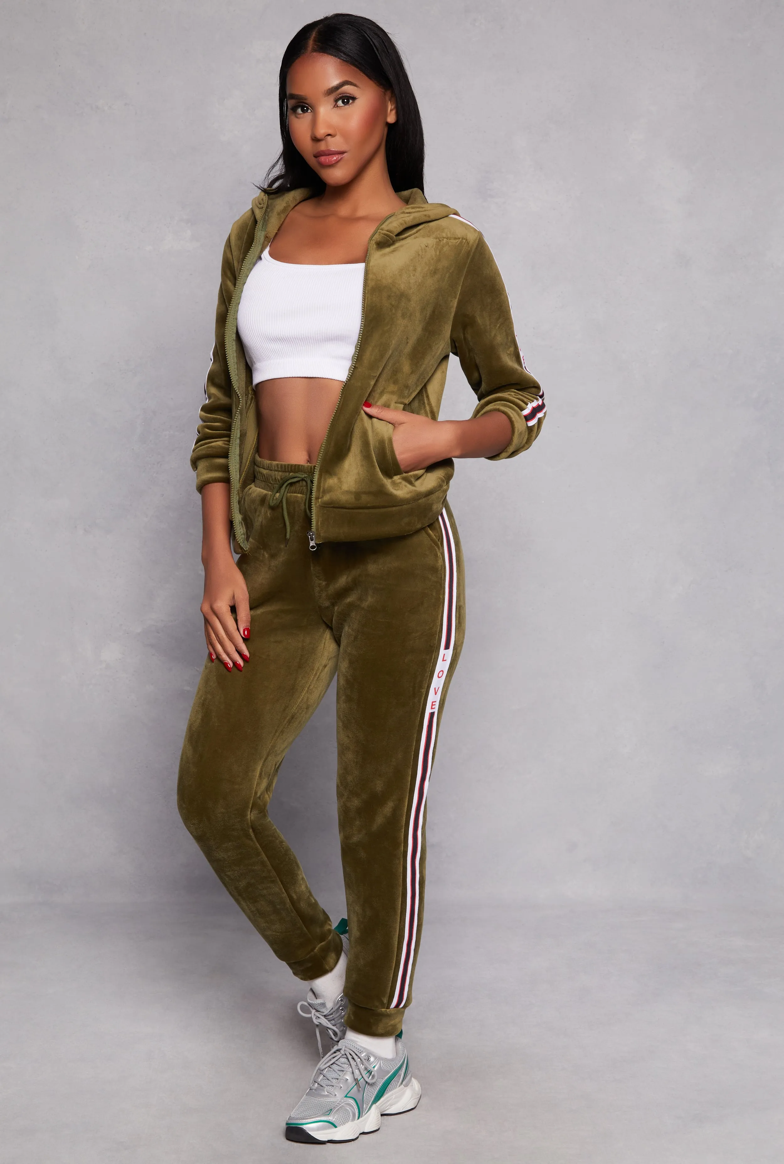 Love Varsity Striped Velour Joggers sold by Rainbow