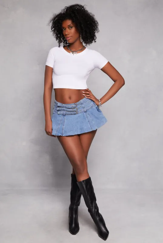 Almost Famous Buckle Front Denim Mini Skirt sold by Rainbow