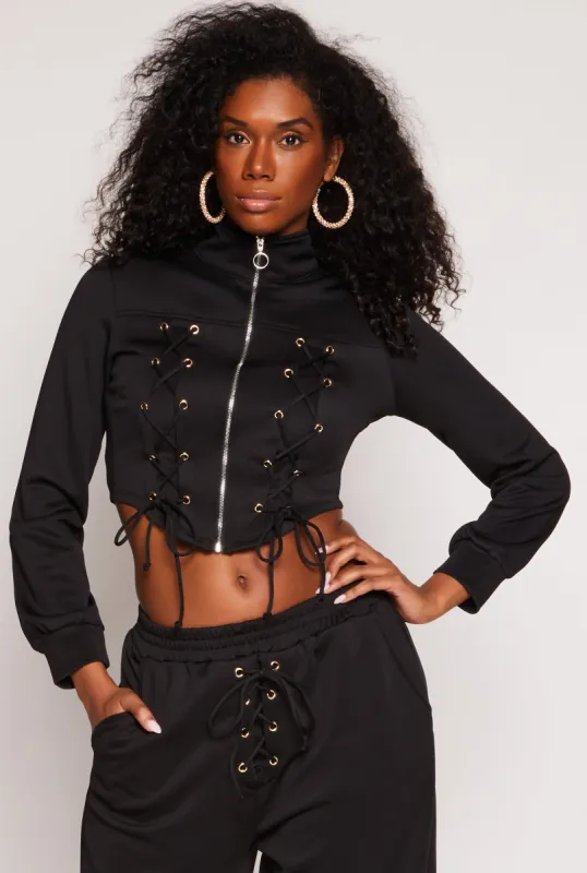 Mock Neck Lace Up Zip Front Top sold by Rainbow