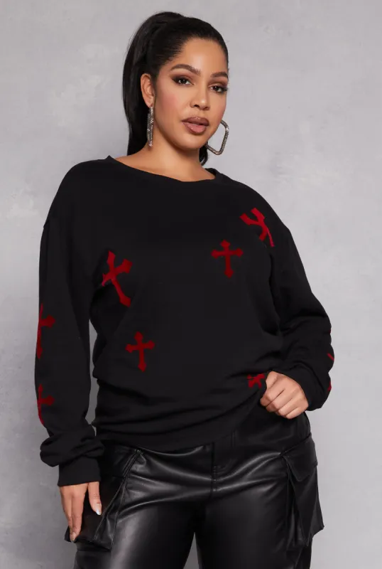 Plus Size Velvet Burnout Cross Print Sweatshirt sold by Rainbow