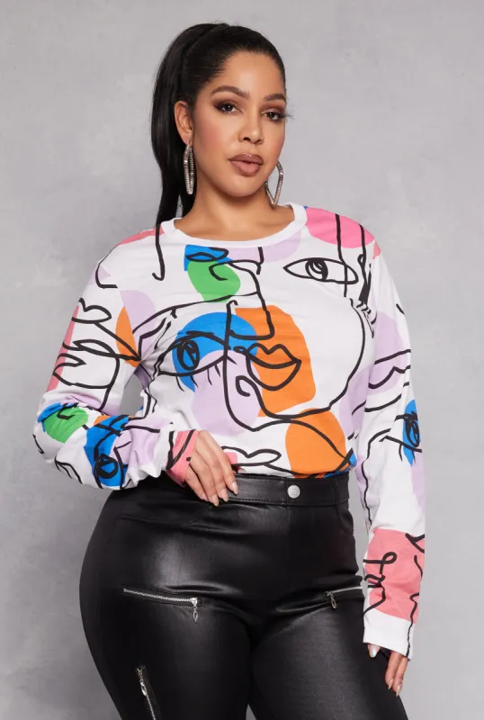 Plus Size Abstract Face Print Long Sleeve Top sold by Rainbow