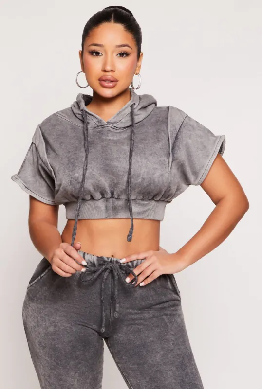 Acid Wash Short Sleeve Cropped Hoodie sold by Rainbow