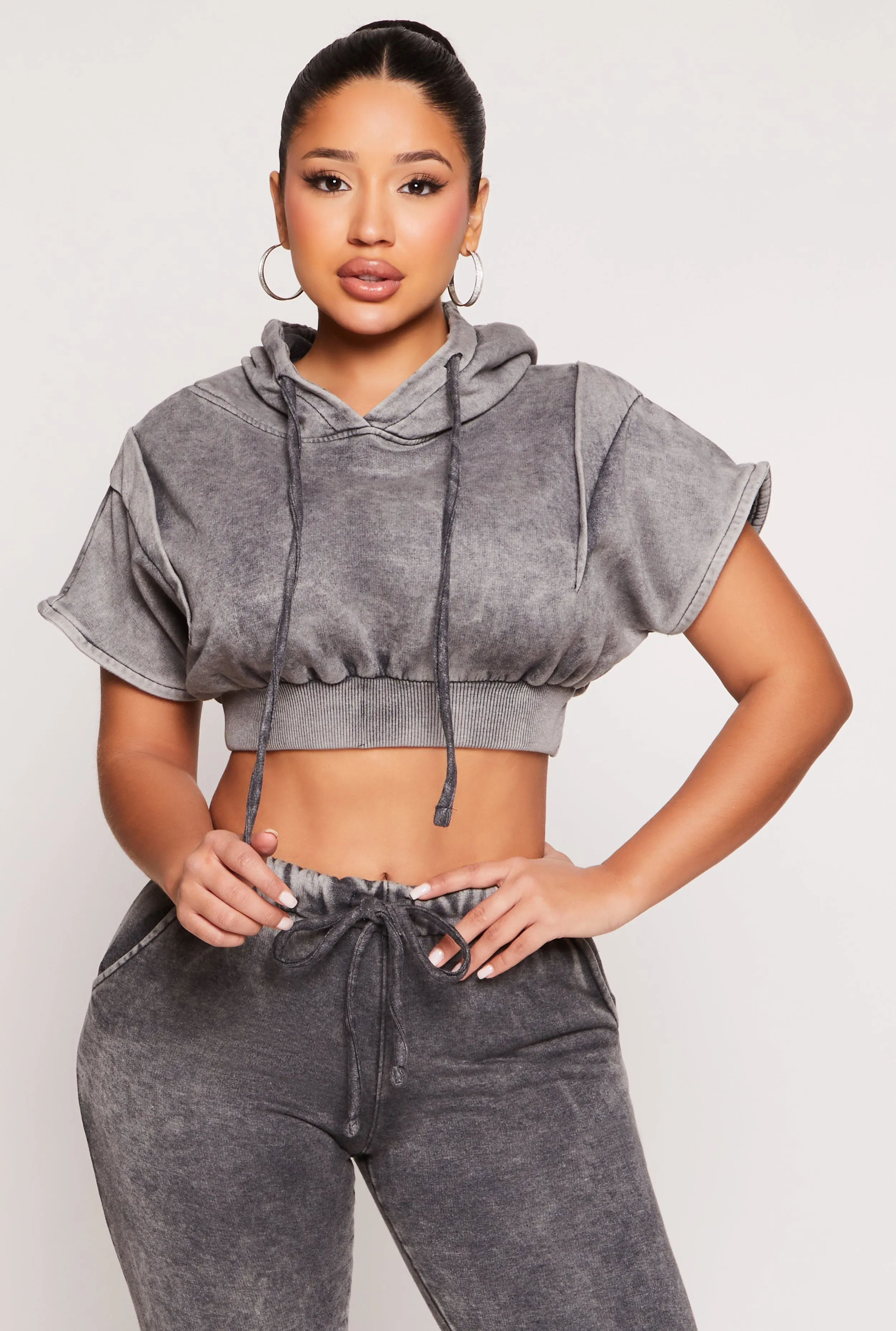 Acid Wash Short Sleeve Cropped Hoodie sold by Rainbow