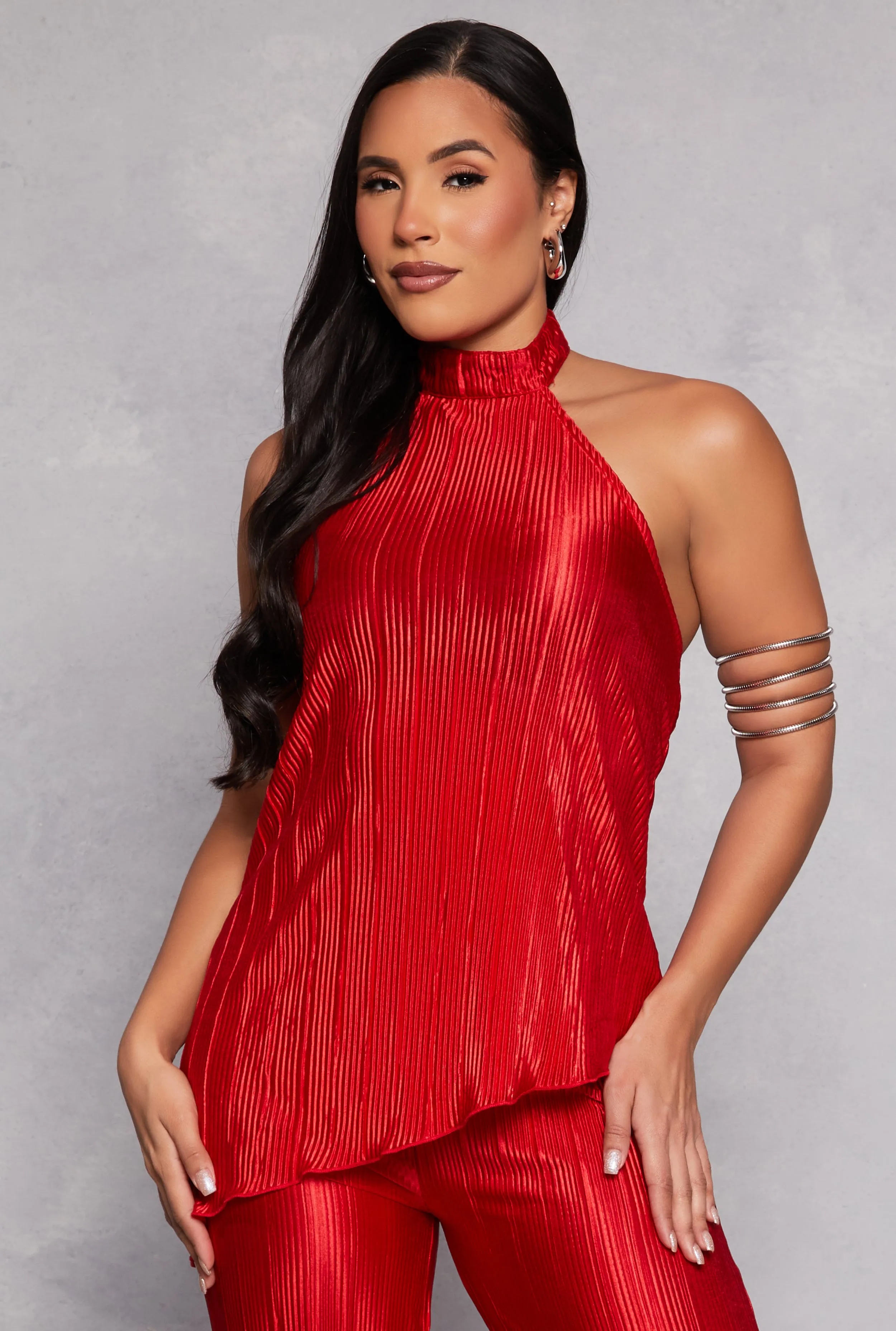 Almost Famous Plisse Asymmetrical Hem Halter Top sold by Rainbow
