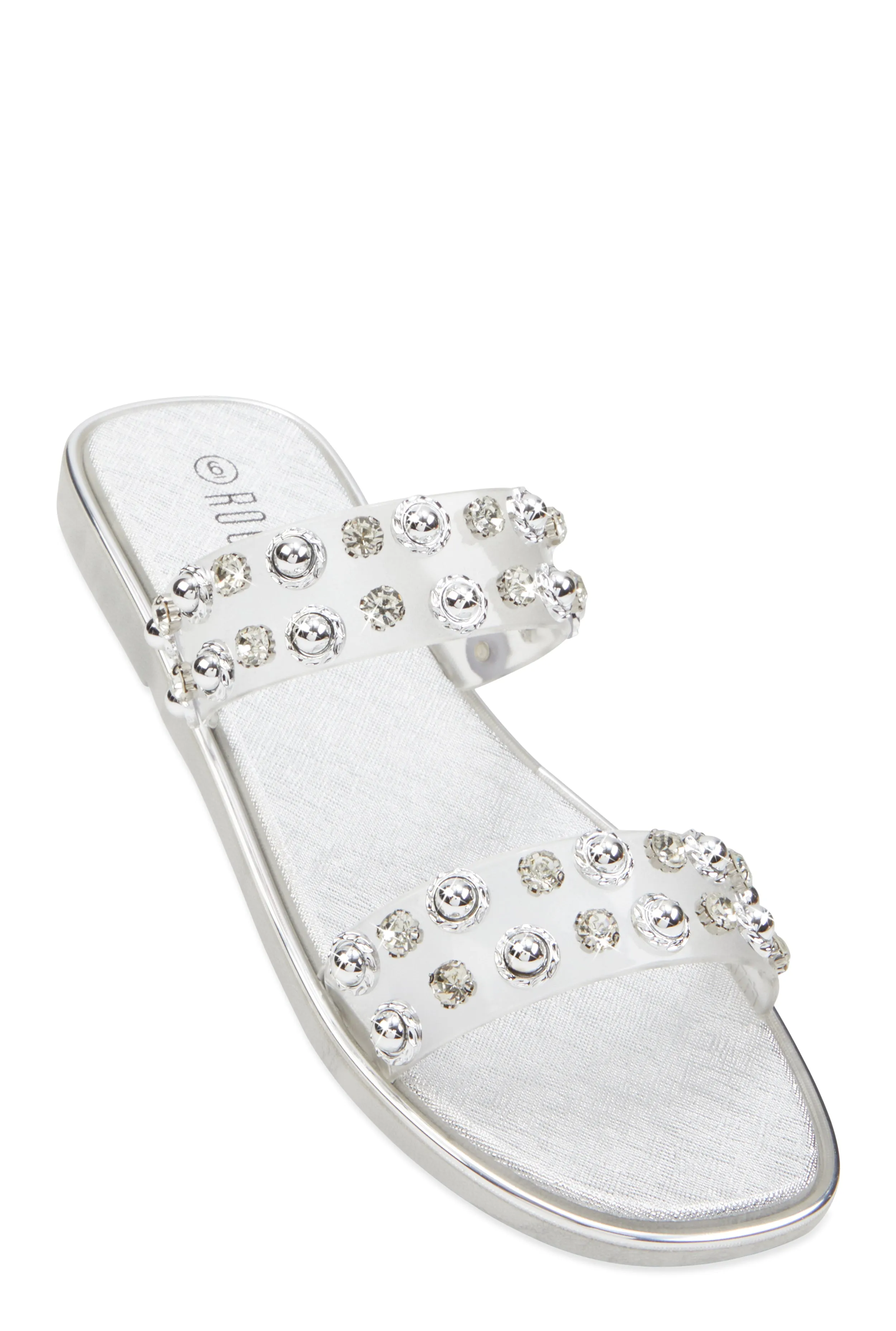 Metallic Trim Studded Double Band Slide Sandals sold by Rainbow