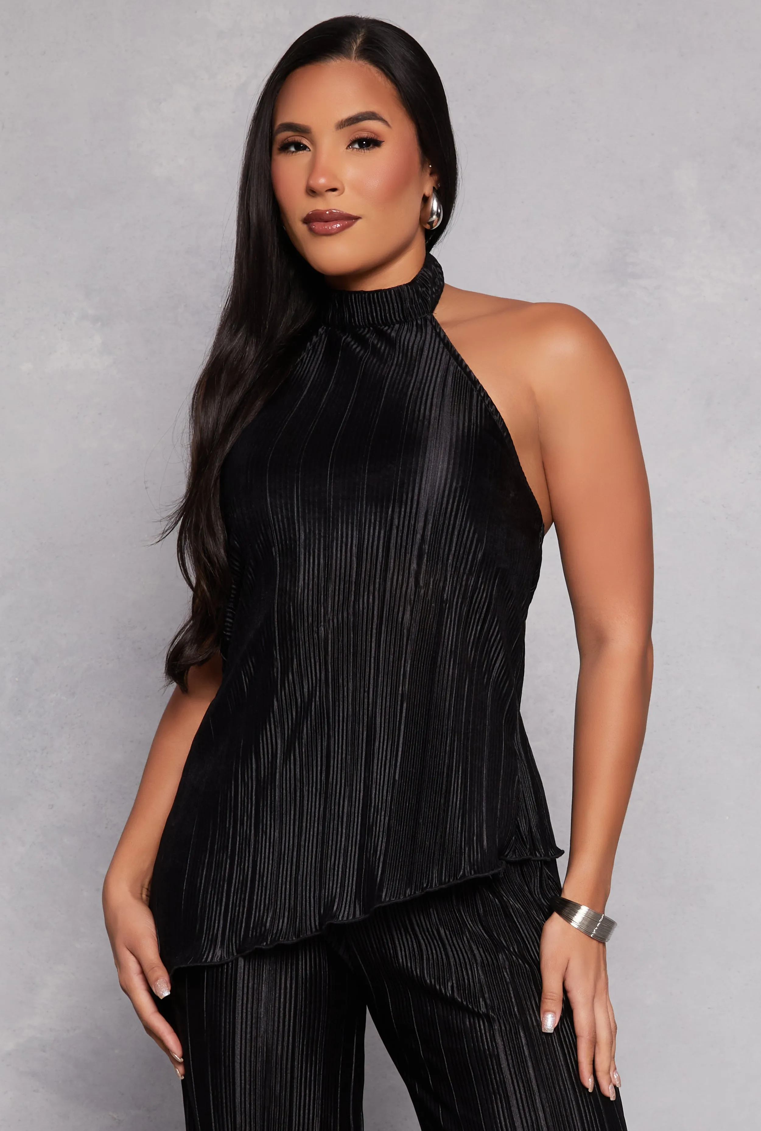 Almost Famous Plisse Asymmetrical Hem Halter Top sold by Rainbow