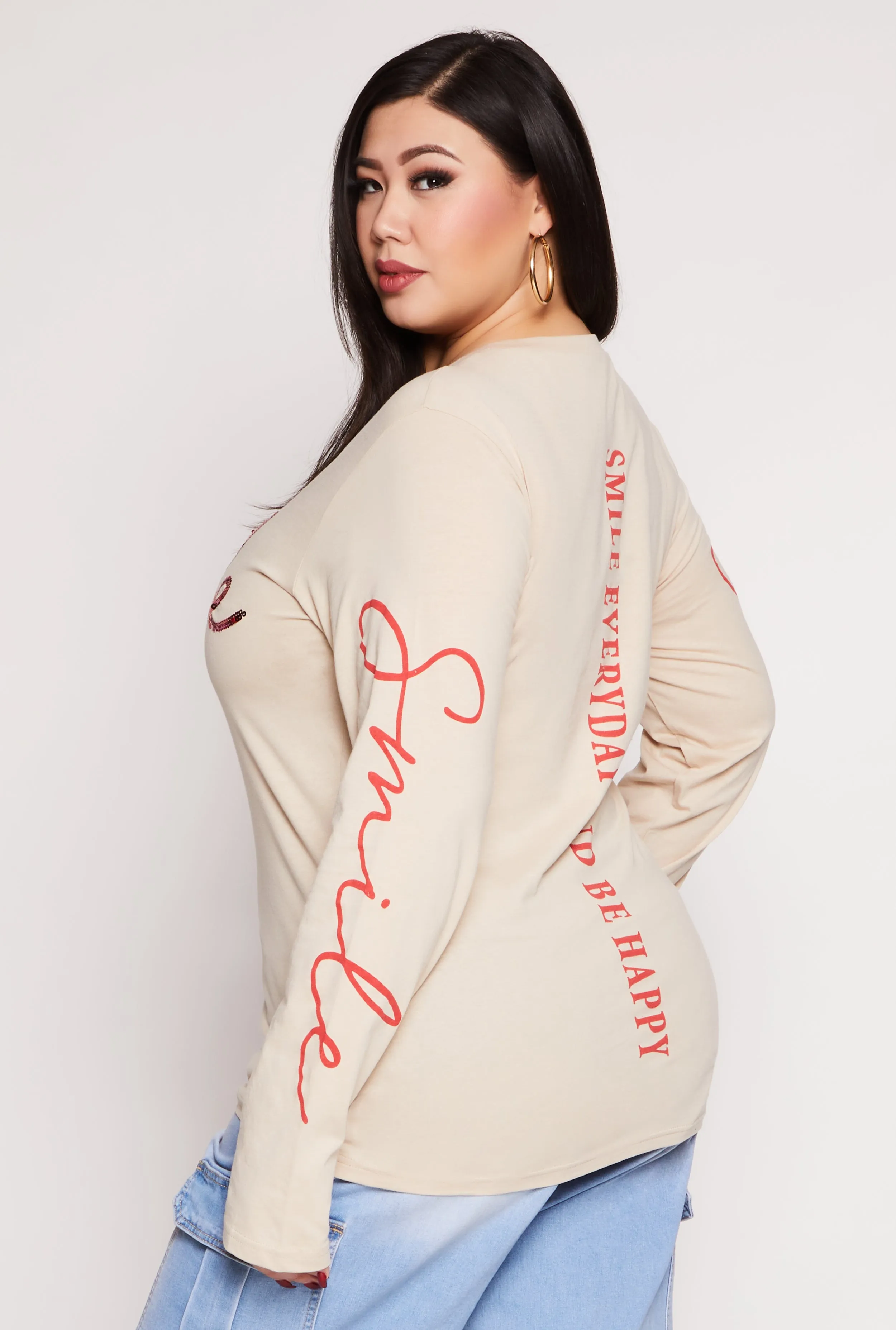 Plus Size Sequin Smile Long Sleeve Tee sold by Rainbow