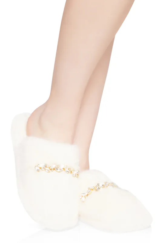 Rhinestone Detail Faux Fur Slippers sold by Rainbow