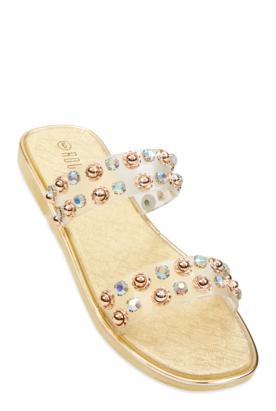 Metallic Trim Studded Double Band Slide Sandals made by Rainbow