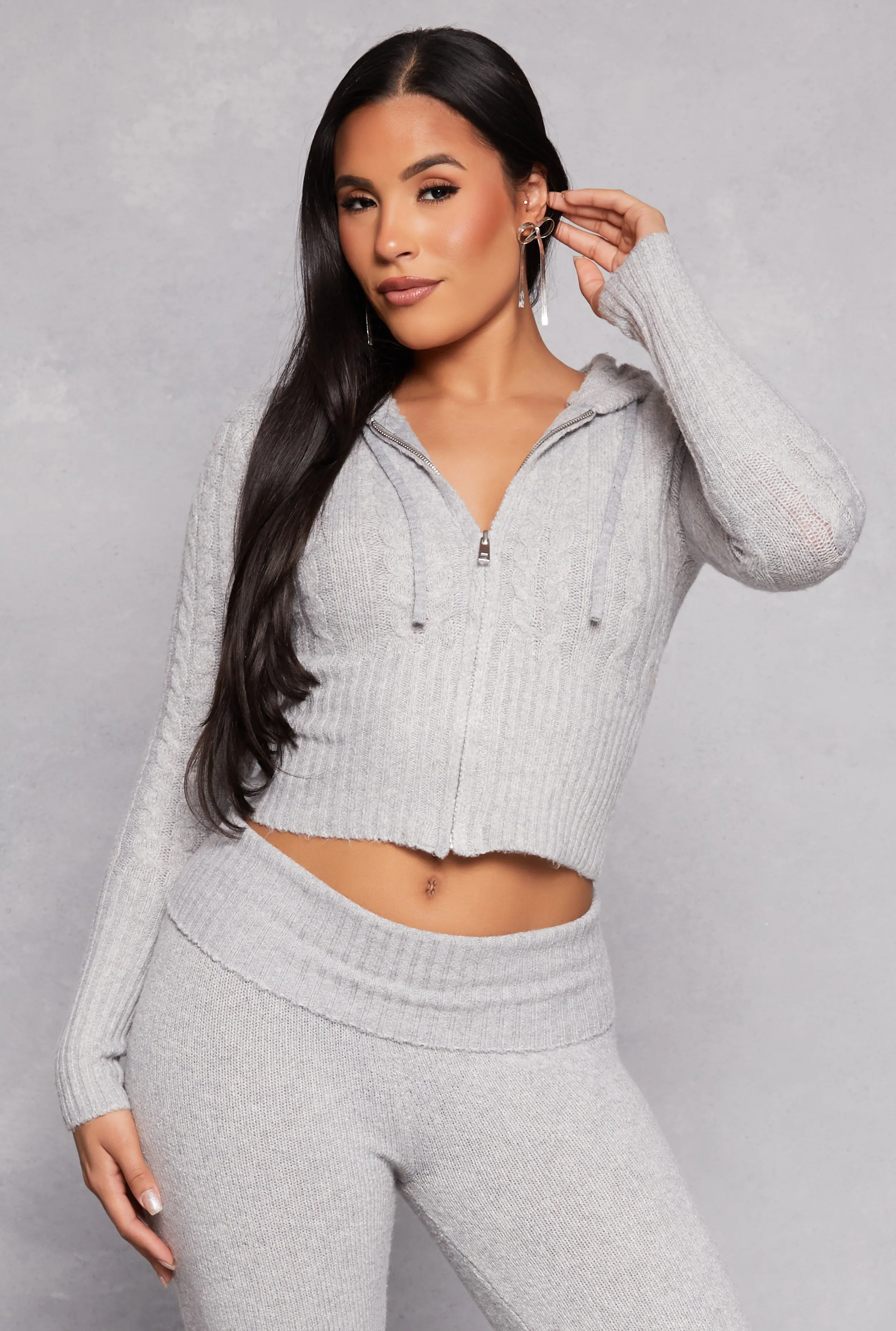 Almost Famous Cable Knit Zip Front Hoodie sold by Rainbow
