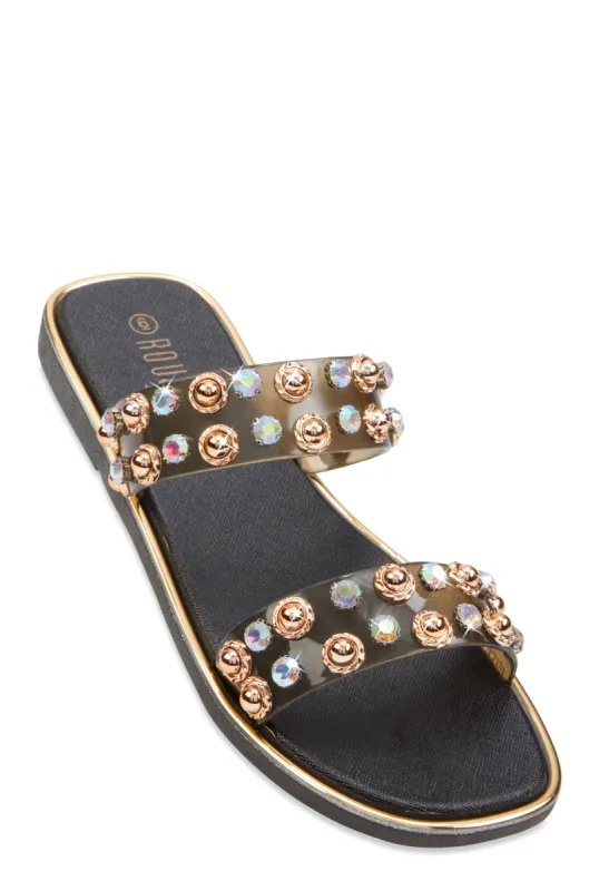 Metallic Trim Studded Double Band Slide Sandals sold by Rainbow